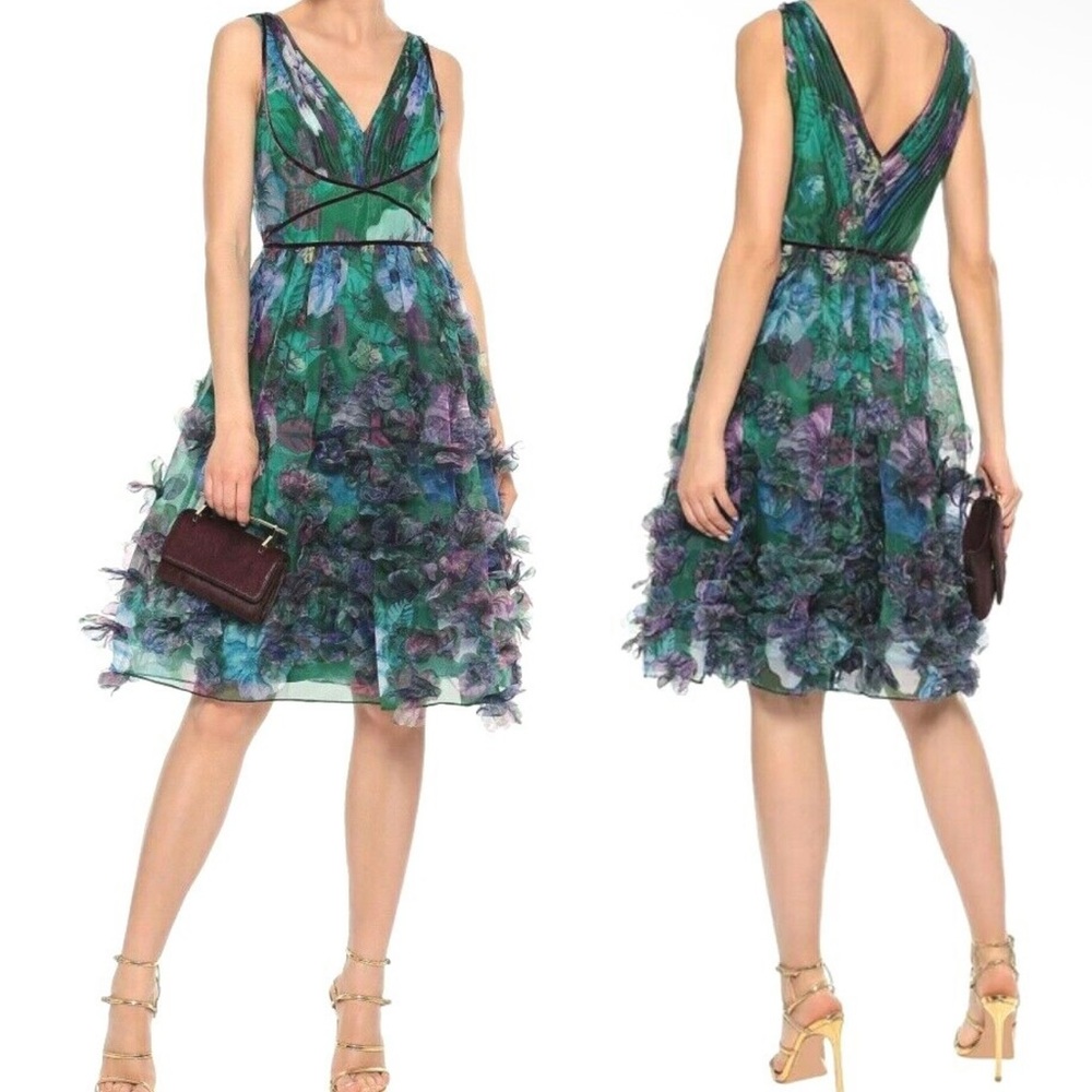 Marchesa Notte Appliquéd Pleated Floral-print Organza Dress